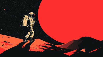 Wall Mural - an astronaut explores a surreal landscape under a large red sun.