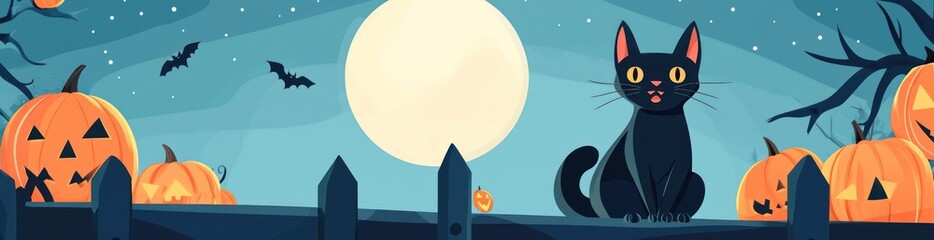 Canvas Print - A whimsical Halloween scene featuring a black cat, pumpkins, bats, and a full moon.