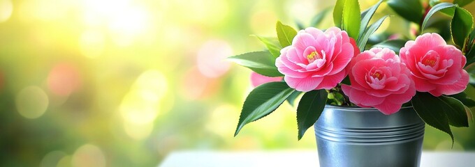 Poster - A vibrant arrangement of pink flowers in a silver pot, set against a soft, blurred background.