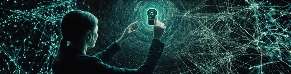 Wall Mural - A person interacts with a glowing key symbol amidst abstract digital connections.