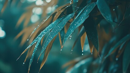 Wall Mural - Close-up of bamboo leaves adorned with raindrops, creating a serene and refreshing atmosphere.