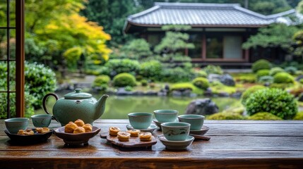 Wall Mural - A serene tea setting with a teapot, cups, and snacks overlooking a tranquil garden.