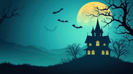 Wall Mural - A spooky landscape featuring a haunted house, bats, and a full moon in a dark atmosphere.