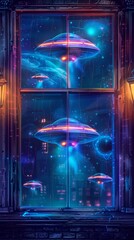 A window with a view of space and a few alien spaceships