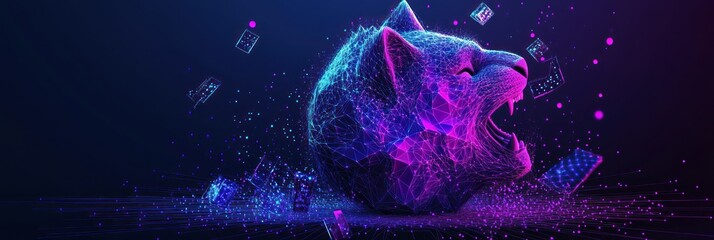 Poster - A vibrant, digital representation of a roaring cat composed of particles and neon colors.