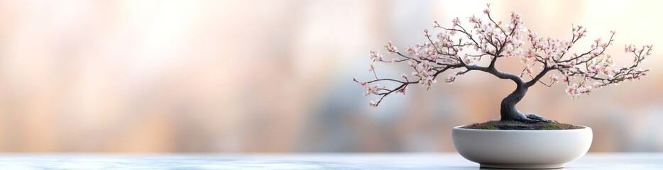 Wall Mural - A delicate bonsai tree in a minimalist pot, showcasing nature's beauty and tranquility.