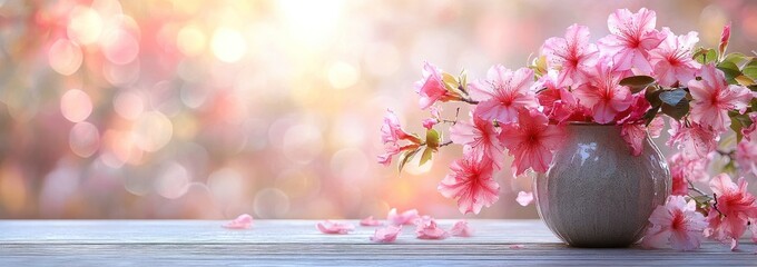 Poster - A serene arrangement of pink flowers in a vase against a soft, blurred background.