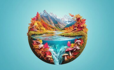 Poster - A vibrant, circular landscape featuring autumn foliage, mountains, and a flowing waterfall.