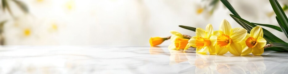 Poster - A serene arrangement of yellow daffodils on a marble surface, evoking springtime beauty.