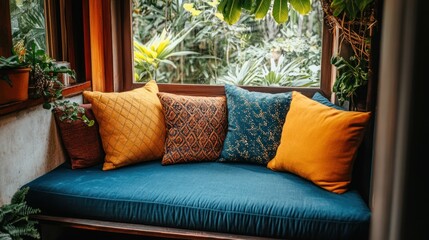 Wall Mural - Cozy seating area with colorful cushions surrounded by greenery.