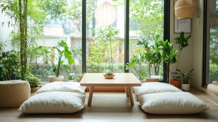 Poster - A serene indoor space with a wooden table, cushions, and abundant greenery.