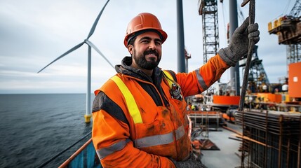 Poster - Construction worker in orange safety gear standing on offshore platform with wind turbine in background.