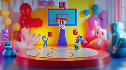 Canvas Print - A colorful, playful basketball-themed scene with cartoon characters and vibrant decor.