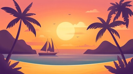 Sticker - A serene sunset over a beach with a sailboat and palm trees, evoking relaxation and travel.