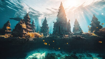 Poster - Underwater temple ruins with vibrant marine life illuminated by sunlight.