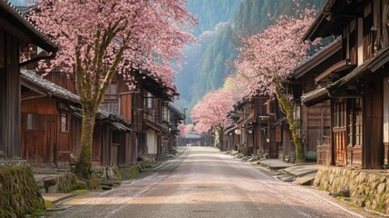 Canvas Print - Serene street lined with cherry blossom trees and traditional wooden buildings.