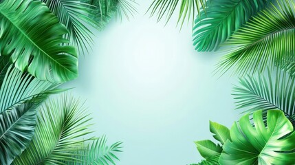 Sticker - Lush green tropical leaves framing a light background for design purposes.