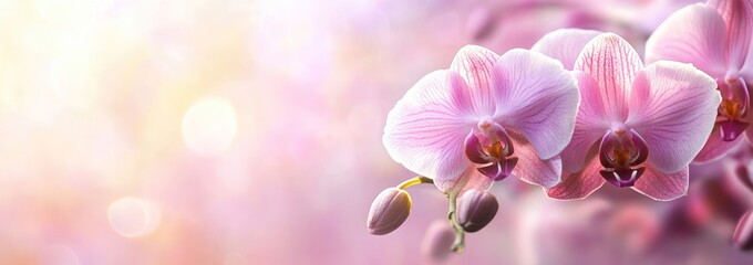 Wall Mural - A close-up of delicate pink orchids against a soft, blurred background.