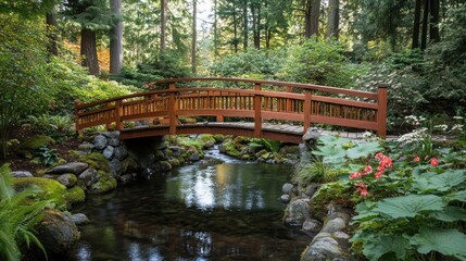 Canvas Print - A serene wooden bridge over a tranquil stream in a lush, green forest setting.