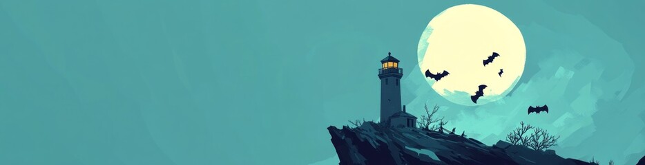 Wall Mural - A spooky scene featuring a lighthouse, bats, and a full moon over a rocky cliff.