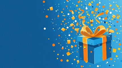 Wall Mural - A colorful gift box with a bow, surrounded by festive confetti on a blue background.