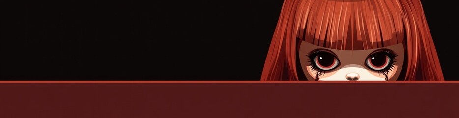 Poster - A stylized illustration of a girl with red hair peeking over a surface, evoking intrigue.