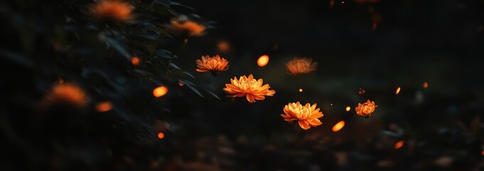 Canvas Print - A serene scene of glowing flowers amidst a dark background, evoking tranquility and beauty.