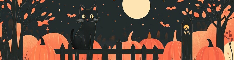 Canvas Print - A whimsical Halloween scene featuring a black cat, pumpkins, and a full moon.