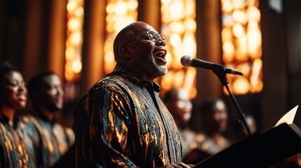 Canvas Print - A choir singer performing with passion, singing into a microphone while wearing patterned clothing, with blurred choir members and stained glass in the background.