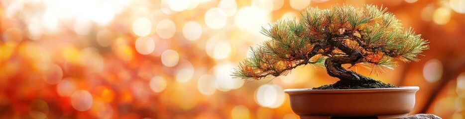 Poster - A serene bonsai tree displayed against a blurred autumn background.