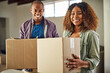 © CamPen2000/peopleimages.com - Couple, portrait and moving boxes in new home, love and investment in relax estate property. People, cardboard and relocation for house ownership in Brazil, commitment purchase and packing package