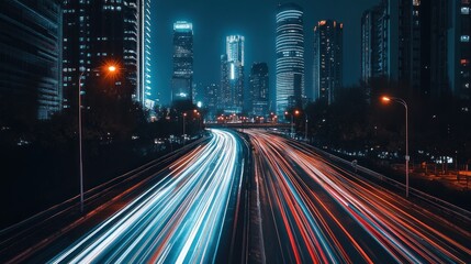 Poster - Night cityscape with light trails from traffic and skyscrapers in the background.