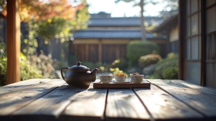 Poster - A serene tea setup in a garden, featuring a teapot and cups on a wooden table.