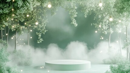 Canvas Print - A serene, misty stage surrounded by lush greenery and soft lighting, ideal for events.