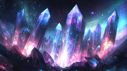 Wall Mural - a vibrant cosmic landscape featuring large, colorful crystals amidst a starry background.