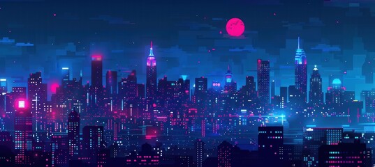 Wall Mural - retro futuristic pixel art cityscape with neon lights for tech ads and nightlife promotions