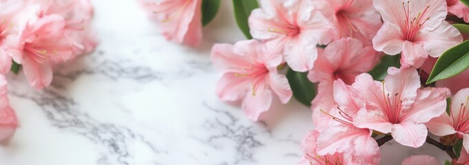 Poster - A close-up of pink flowers on a marble surface, creating a serene and elegant atmosphere.