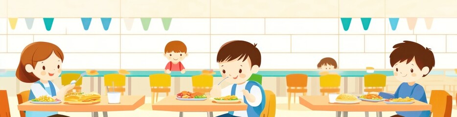 Poster - Children enjoying lunch in a bright cafeteria setting with colorful seating.