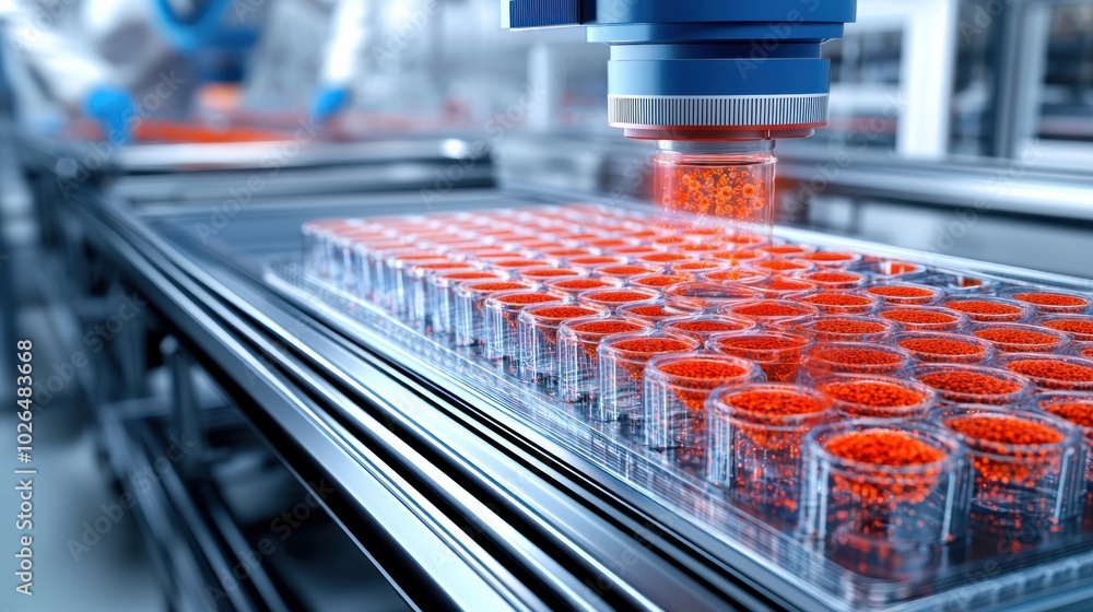 Drug Testing Microscope Invitro drug testing setup, showing cultured human cells in multiwell ...