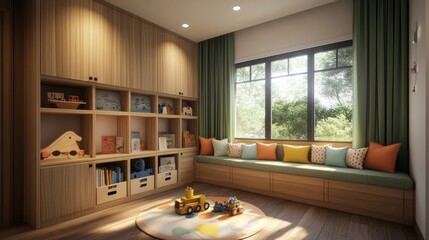 Sticker - A cozy children's playroom with shelves, toys, and natural light.