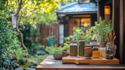 Canvas Print - A serene garden scene featuring jars of herbs and spices on a wooden table.