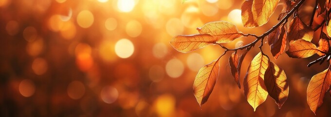 Canvas Print - A close-up view of autumn leaves illuminated by warm sunlight, creating a bokeh effect.