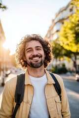 A man with a backpack and a yellow jacket is smiling. He is wearing a white shirt and has a beard