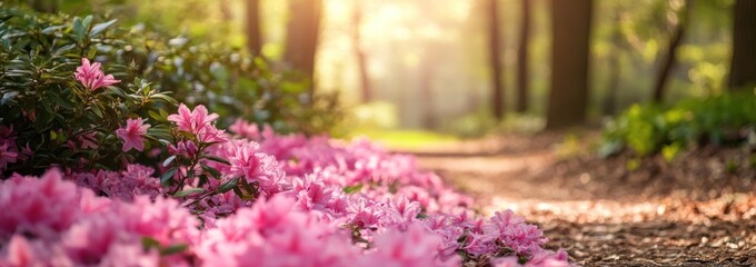 Poster - A serene pathway lined with blooming pink flowers in a sunlit forest.