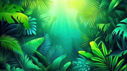 Canvas Print - Lush green jungle scene with vibrant foliage and light filtering through the canopy.