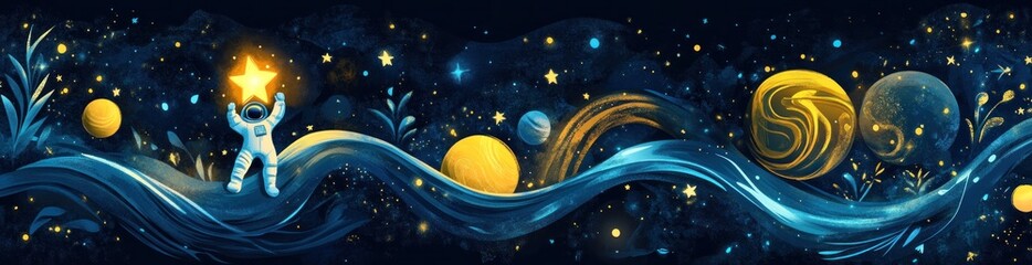 Canvas Print - An astronaut holds a star amidst planets and a flowing wave in a cosmic scene.