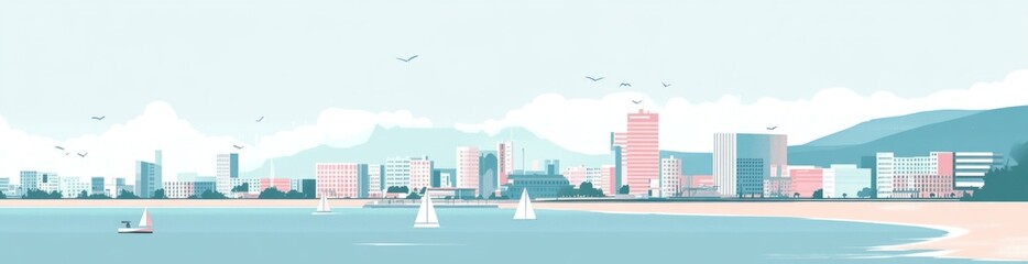 Poster - A serene coastal city skyline with sailboats and mountains in the background.