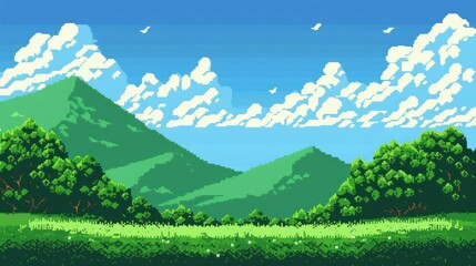 Wall Mural - 8-bit pixelated landscape: green hills and blue sky for gaming posters and ads