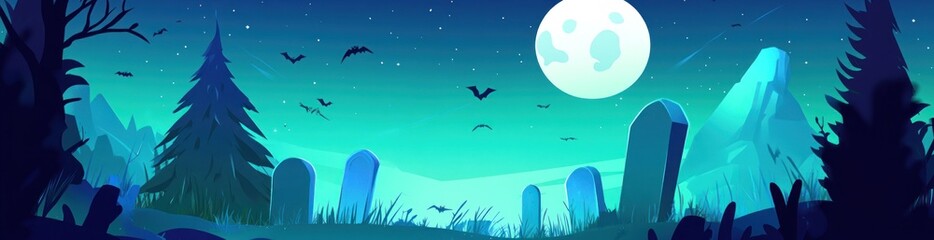 Canvas Print - A spooky night scene featuring a graveyard under a full moon with bats flying.