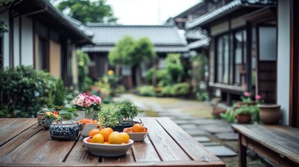 Poster - A serene courtyard with a wooden table adorned with fruits and flowers, surrounded by traditional buildings.